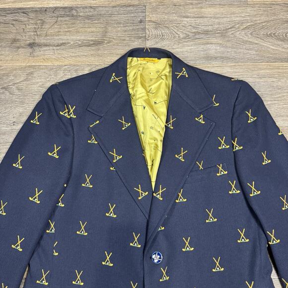JC Penney Navy Blazer with Embroidered Crossed Golf Clubs Sport Coat RARE 40R - Picture 2 of 15